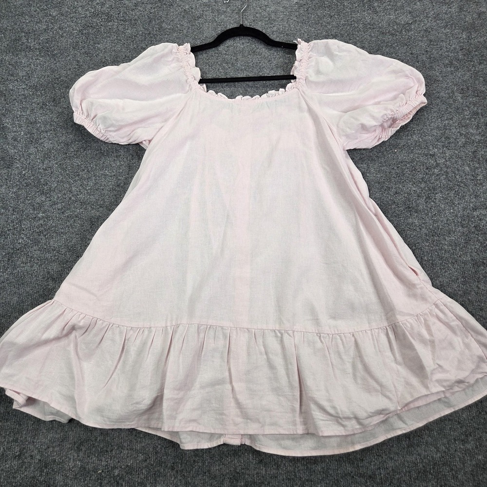 Stoney Clover Lane Dress Womens Small Pink Linen Puff Sleeve Button Front Swing - Picture 6 of 10